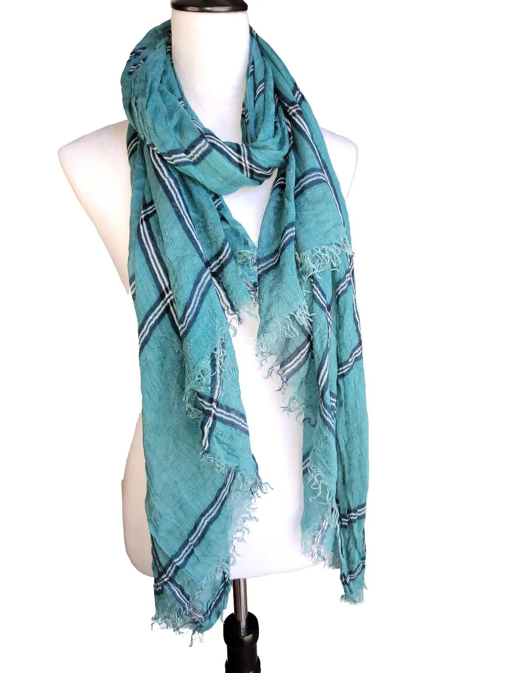 Teal/Blue/White Plaid Lightweight Scarf Wrap Fringe Hem 22